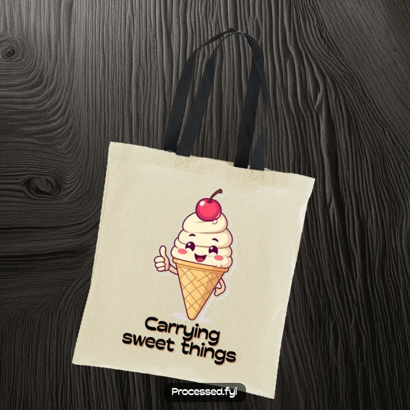Funny tote bag showcasing a happy ice cream cone with a cherry, giving a thumbs-up, perfect for carrying groceries or everyday essentials.
