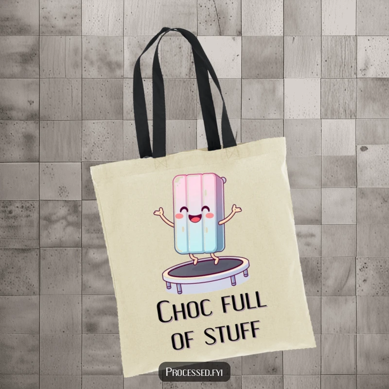 Funny tote bag showing a smiling anthropomorphic candy bar happily bouncing on a trampoline, ready for any adventure.