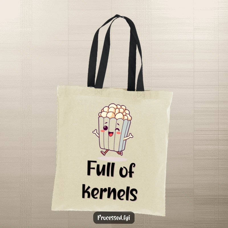 Funny tote bag with a beaming anthropomorphic bag of popcorn doing a little hop. Great for groceries and everyday use.