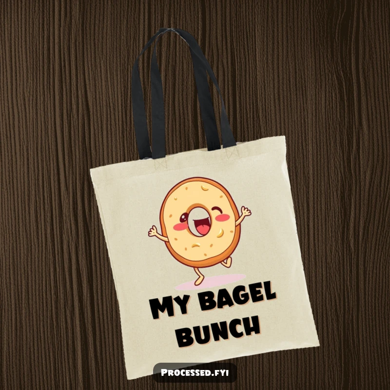Funny tote bag with an energetic bagel with cream cheese, enthusiastically tapping its feet, practical and cute accessory