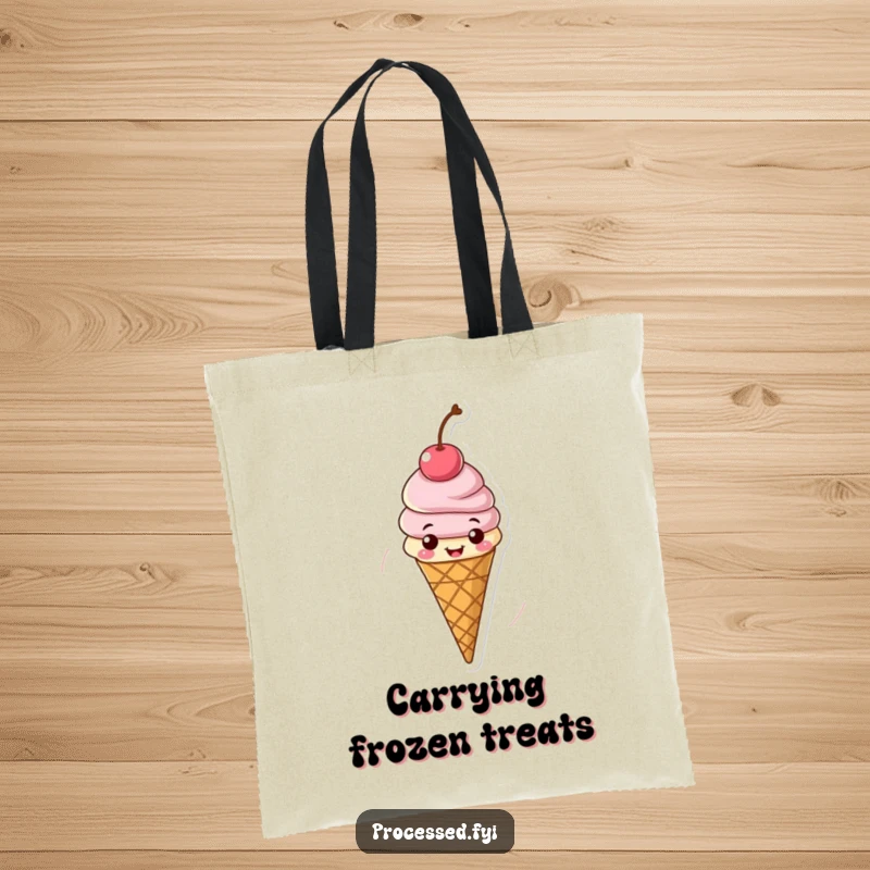 Funny tote bag showing a cheerful ice cream cone spinning with a cherry on top, perfect for carrying summer essentials.