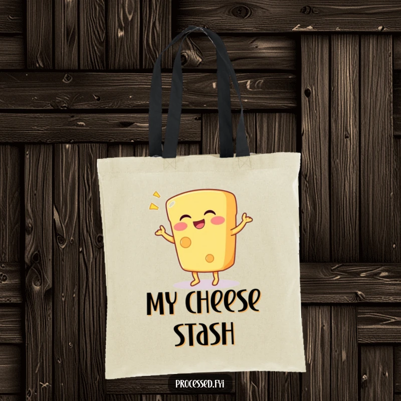 Funny tote bag showing a giggling anthropomorphic cheese wedge mid-silly dance, ready to carry your goodies with glee.
