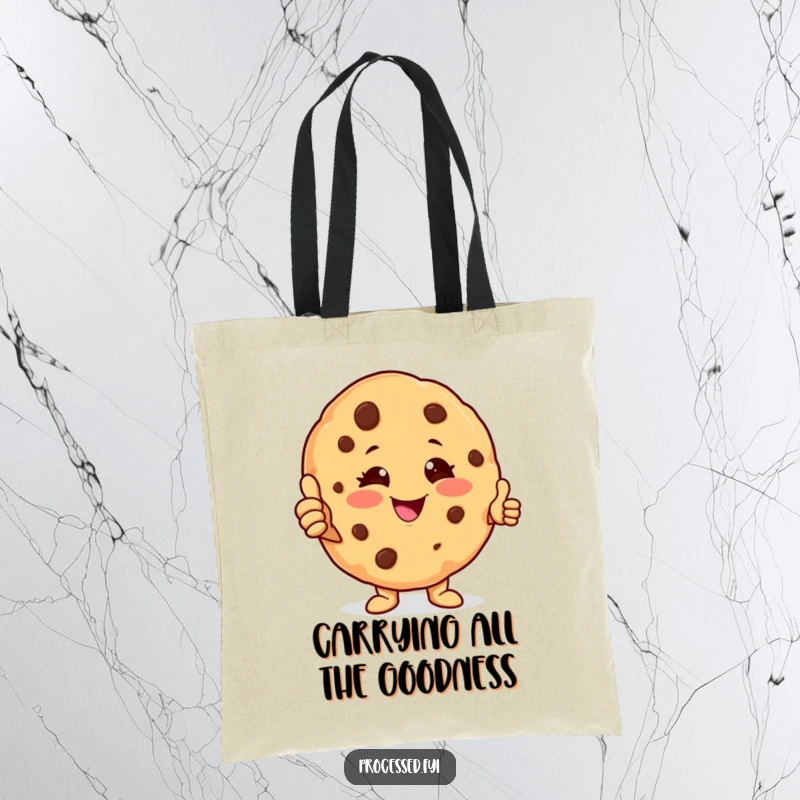 Funny cookie character tote bag featuring a winking anthropomorphic cookie giving a thumbs-up, ideal for carrying goods with a cheerful vibe.