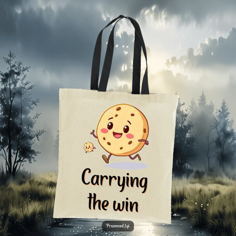 Funny Cookie Race Tote Bag: A smiling cookie with tiny legs racing enthusiastically, ready for errands and adventures.