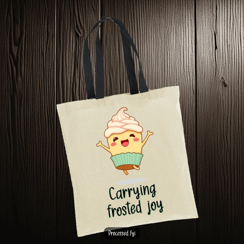 Funny tote bag showcasing a happy cupcake with frosting, performing a joyful, energetic cartwheel.