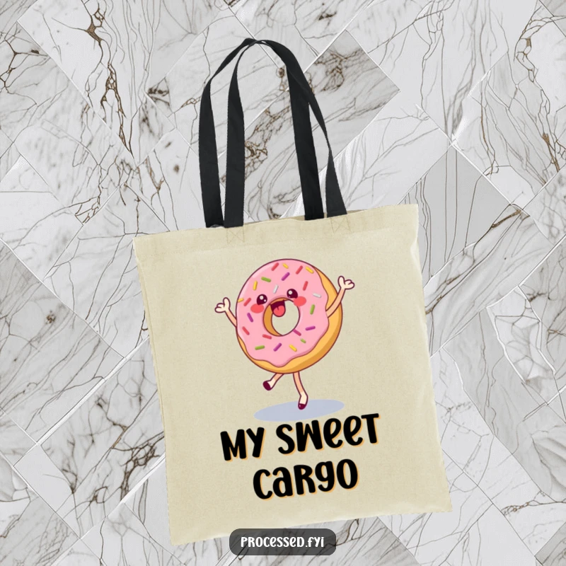 Funny tote bag with a cheerful donut with sprinkles doing a pirouette, practical and cute accessory