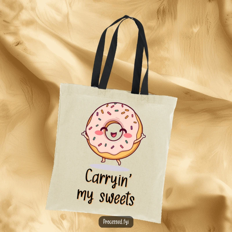 Funny tote bag with a grinning donut character doing a little dance, a humorous and functional accessory for anyone sweet.