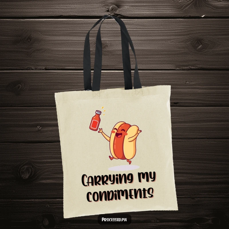 Funny hot dog tote bag showing a dancing wiener in a bun tossing a tiny ketchup bottle, ideal for carrying items with humor.