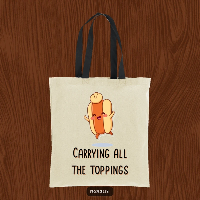 Funny tote bag featuring a smiling hot dog leaping with tiny legs, a bun hat, perfect for carrying essentials with humor.