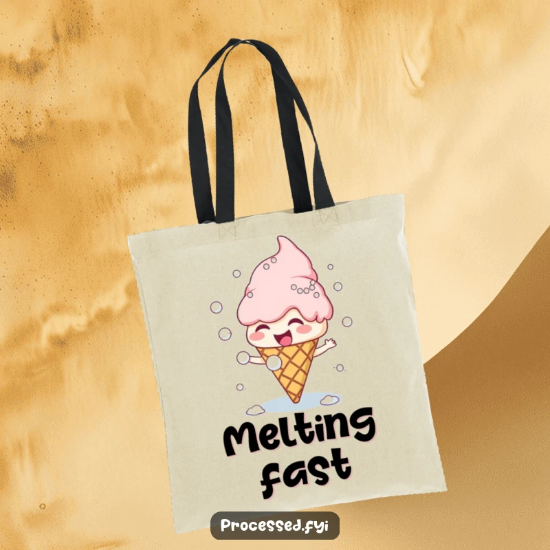 Funny giggling ice cream cone character and scoops engaged in a playful snowball fight, a whimsical tote bag design.