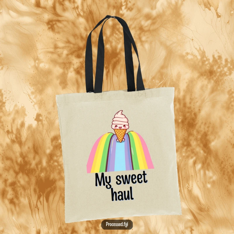 Funny tote bag with a joyful ice cream cone sliding down a rainbow, great for carrying daily necessities with sweet humor.