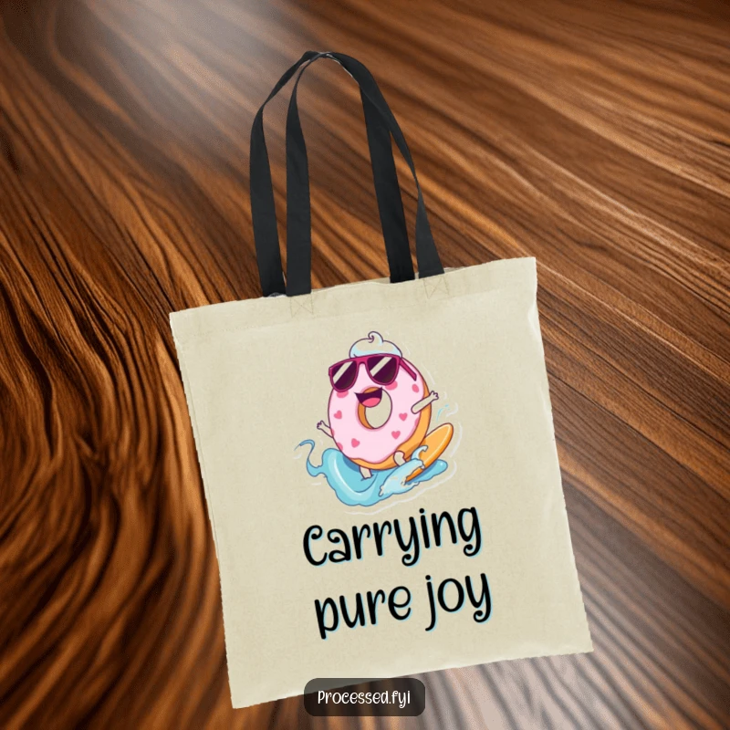 Funny tote bag featuring a cartoon donut with sunglasses surfing a frosting wave, durable and sweet.