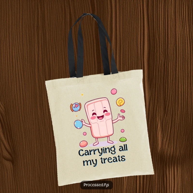Funny tote bag with a spirited anthropomorphic candy bar juggling tiny sweets. Ideal for shopping and everyday use.