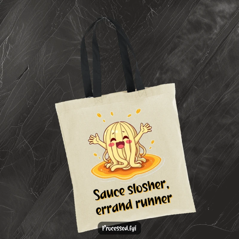 Funny tote bag showcasing a wacky noodle character flailing its arms and splashing into a puddle of delicious sauce.