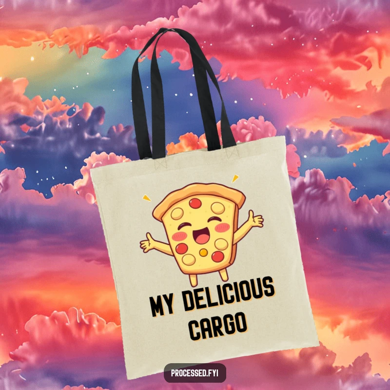 Funny tote bag showcasing a beaming slice of pizza with arms outstretched, giggling openly, ideal for carrying essentials with food-themed fun.
