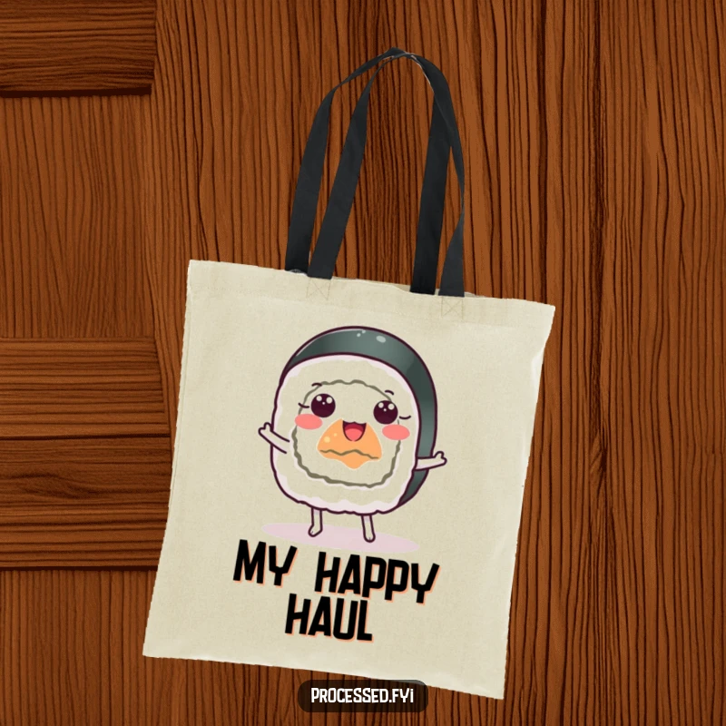Funny cheerful sushi roll with wide eyes dancing happily, a humorous and practical tote bag.