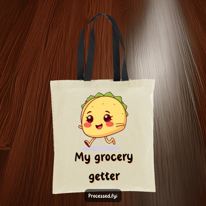 Funny smiling taco with tiny legs jogging with determination, a humorous and practical tote bag.