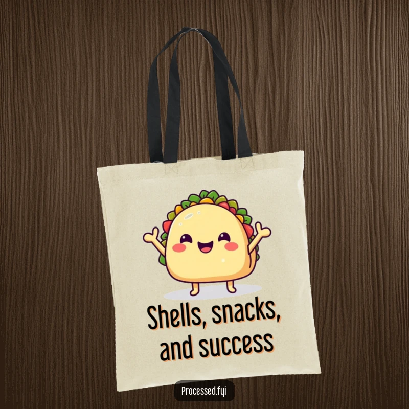 Funny Tote Bag featuring a beaming taco character with tiny arms raised in an enthusiastic wave, a super cheerful food accessory.