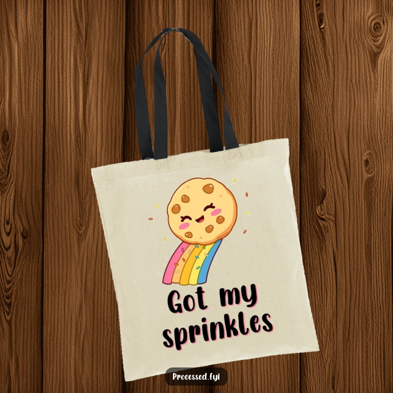 Funny winking cookie sliding down a detailed rainbow made of sprinkles, printed on a sturdy and stylish tote bag.