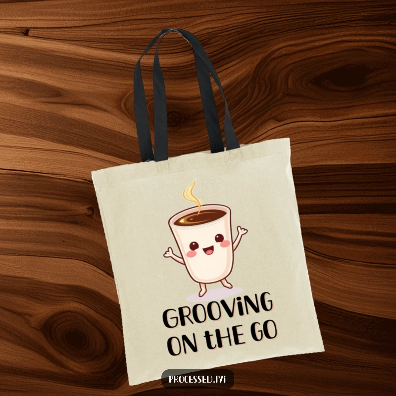 Funny cheerful coffee cup in mid-jig, printed on a durable and stylish tote bag for carrying essentials.