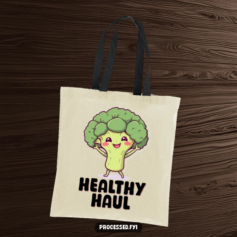 Funny tote bag featuring a smiling broccoli character doing a little dance with tiny arms, perfect for carrying essentials with a healthy twist.