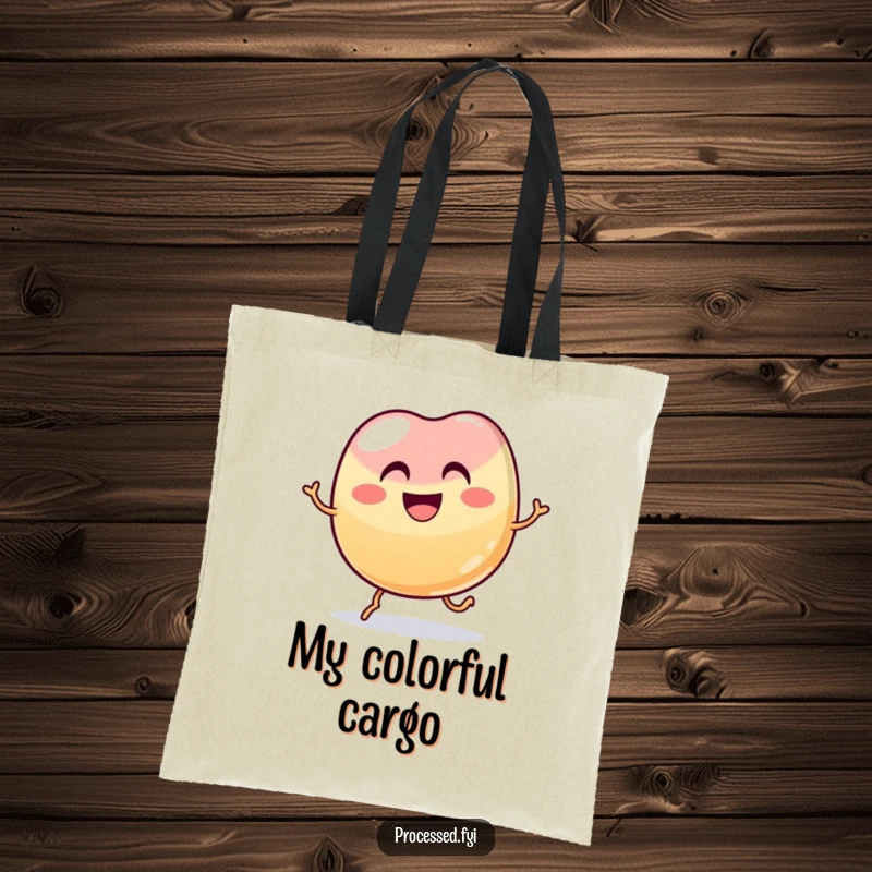 Funny wobbly jelly bean with a wide grin hopping joyfully, a humorous and practical tote bag.
