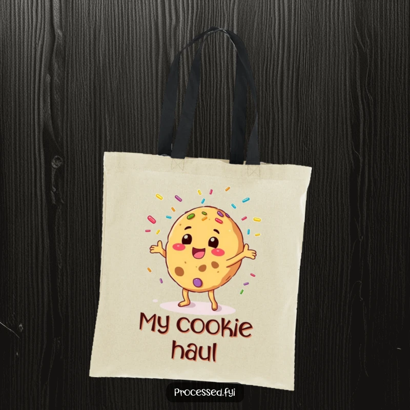 Funny tote bag showing a happy anthropomorphic cookie juggling colorful sprinkles with excitement, ready to carry your goodies.