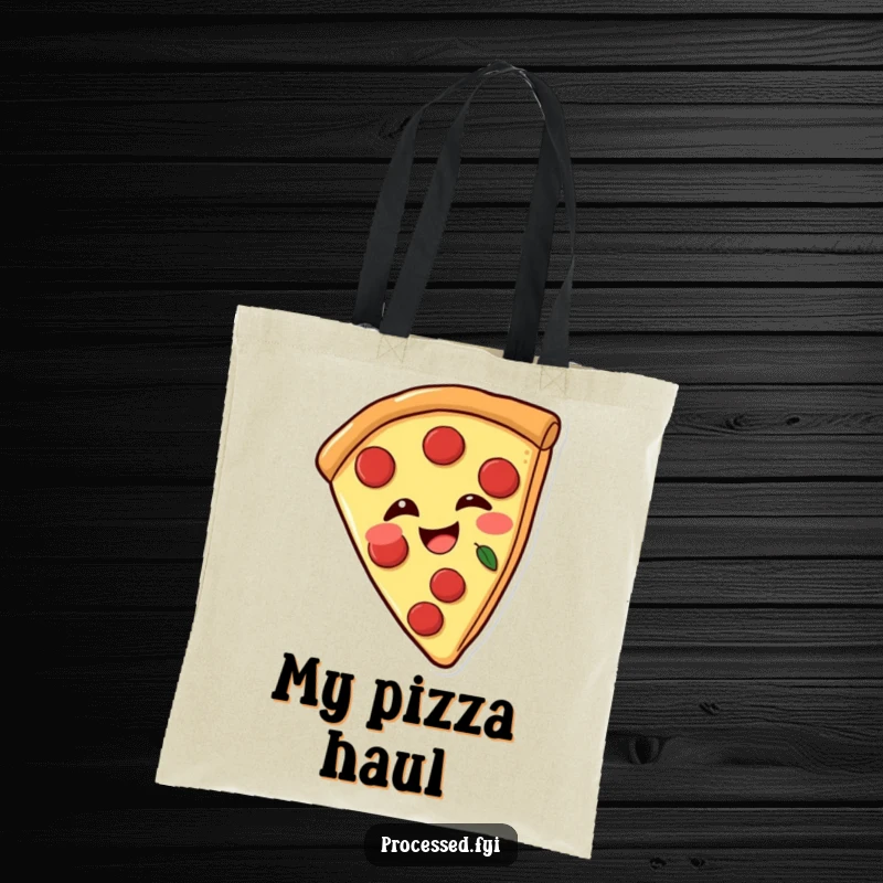 Funny tote bag with a joyful pizza slice with pepperoni, winking playfully, practical and fun accessory