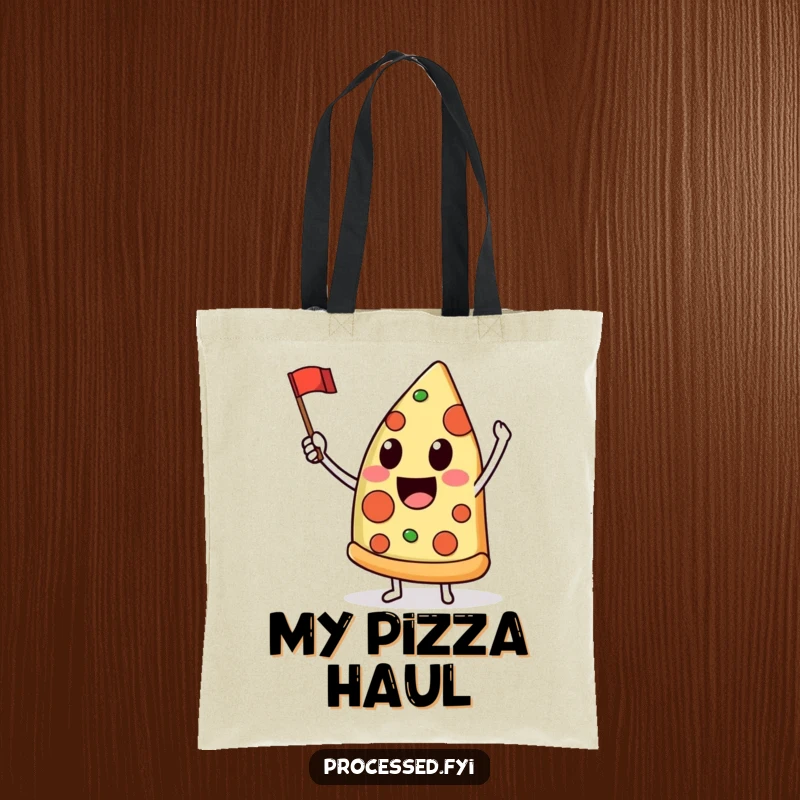 Funny tote bag showing a delighted anthropomorphic pizza slice joyfully waving a tiny flag, ready for any adventure.