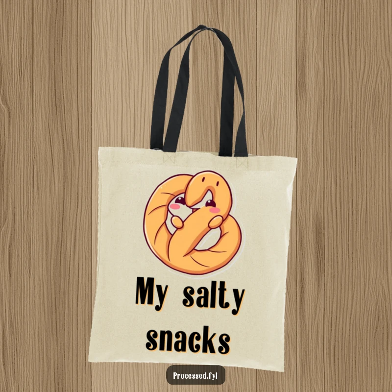 Funny tote bag showcasing an anthropomorphic pretzel twisting in a playful pose, a quirky and practical accessory for snack aficionados.