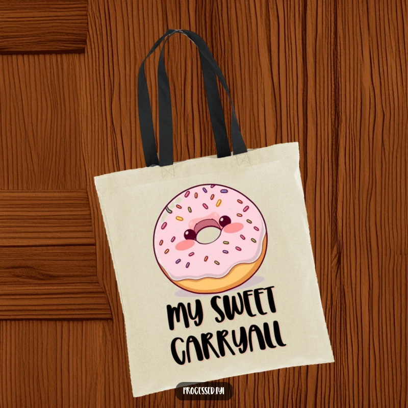 Funny plump donut with blush and sprinkles bouncing enthusiastically, a humorous and practical tote bag.