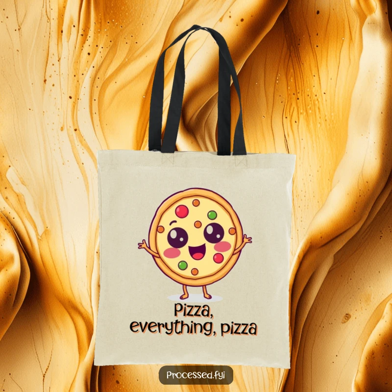 Funny Tote Bag featuring a cheerful pizza slice with topping eyes doing a lively jig, a perfect accessory for pizza lovers.