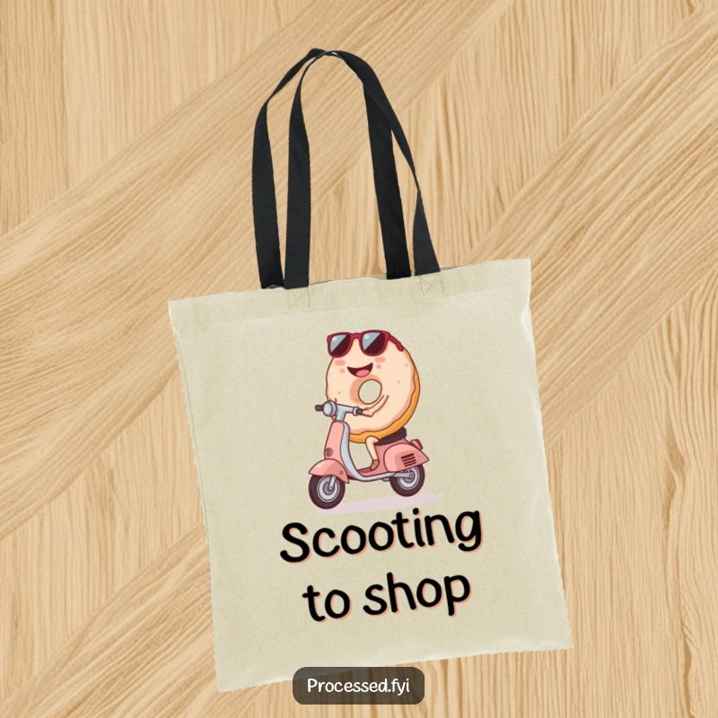 Funny Donut Scooter Tote Bag, a smiling donut with sunglasses on a scooter, perfect for carrying essentials with flair.