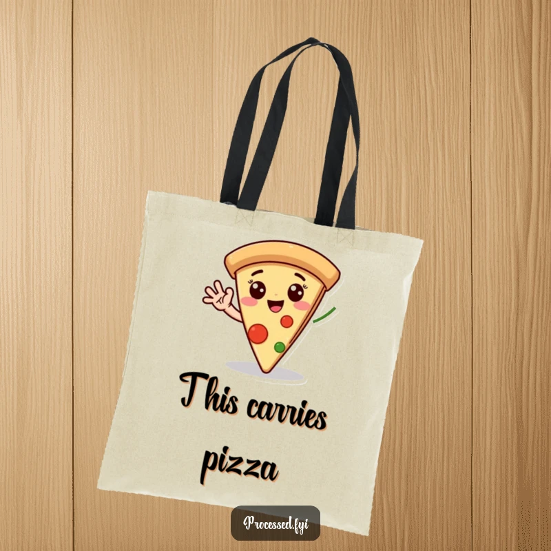 Funny tote bag featuring an ecstatic pizza slice with cartoon eyes, enthusiastically waving a pepperoni hand, perfect for stylish grocery runs.